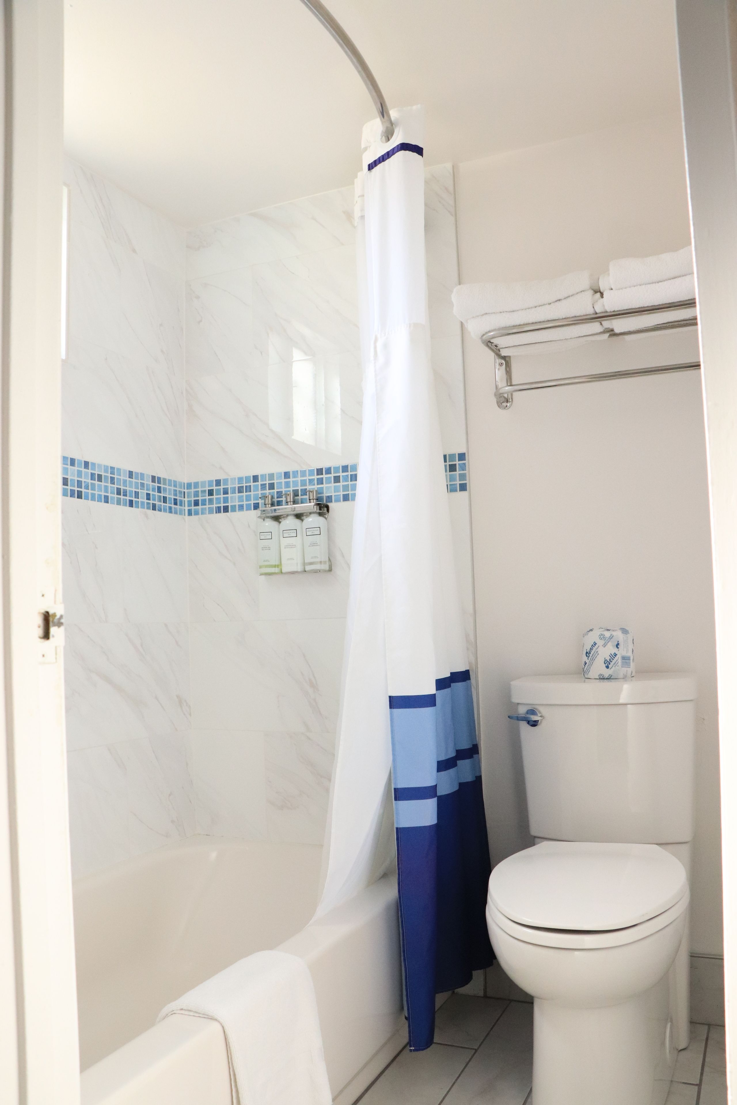 A bathroom with a shower, toilet, and towel rack.