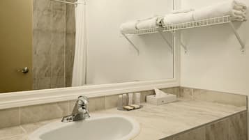 Un bagno con lavandino, specchio, portasciuga asciugamani e articoli da toilette.
