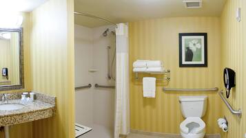 Une salle de bain avec douche, toilettes et lavabo.