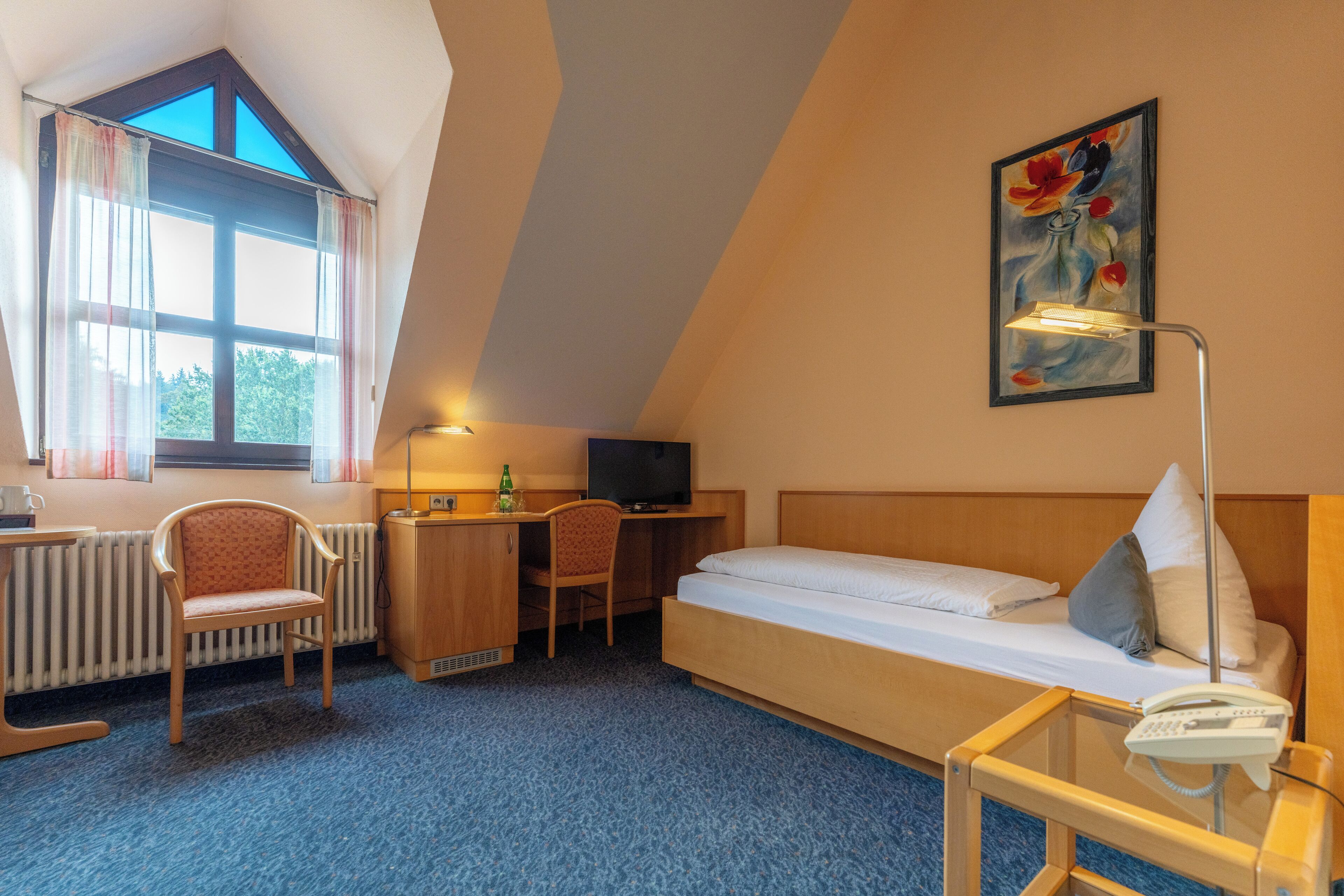 Ein kleines, gemütliches Zimmer mit Bett, Schreibtisch, Stuhl, Heizkörper, Fernseher und einem Bild an der Wand.