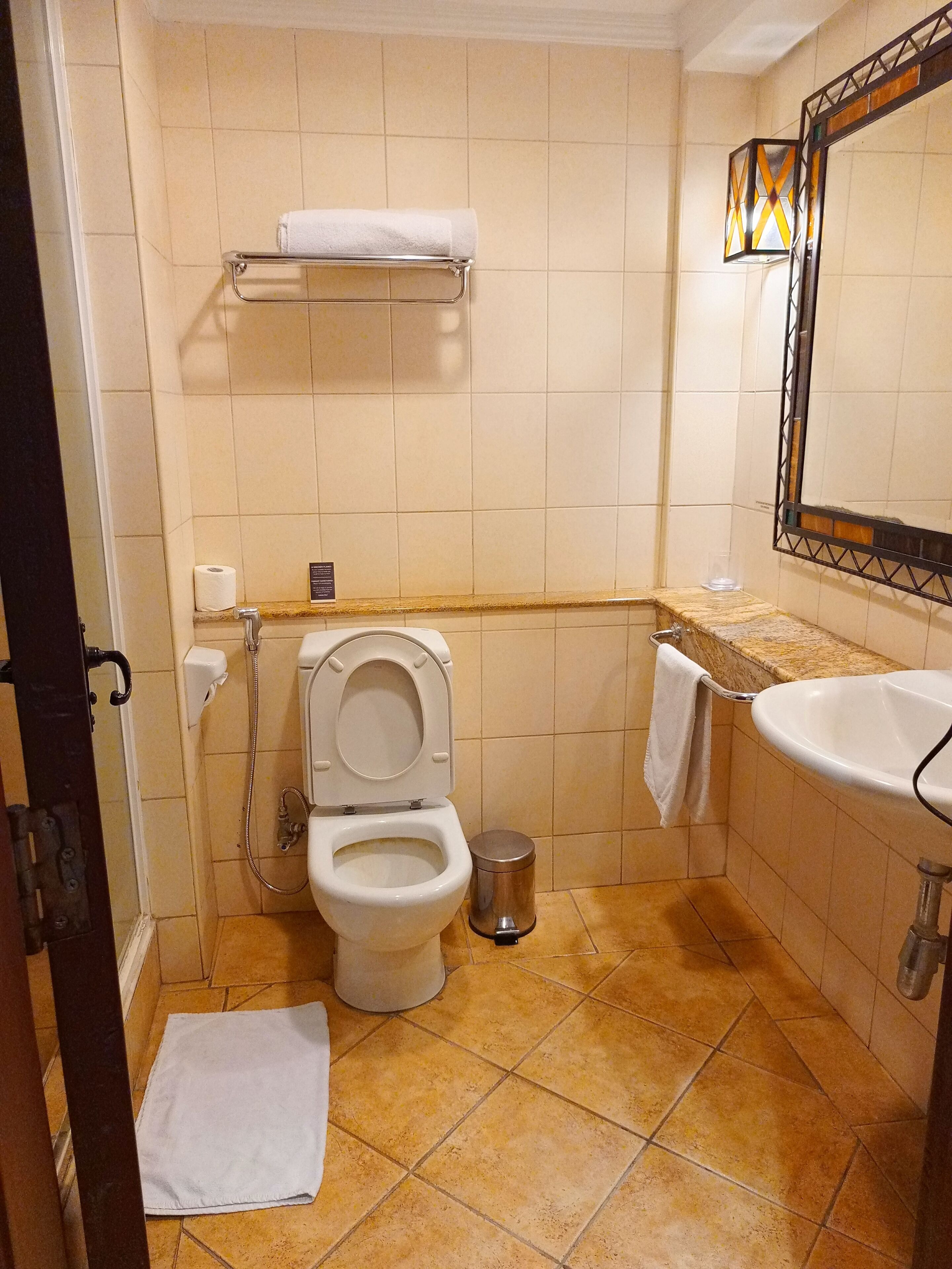Une petite salle de bain avec des toilettes, un lavabo et un porte-serviettes.