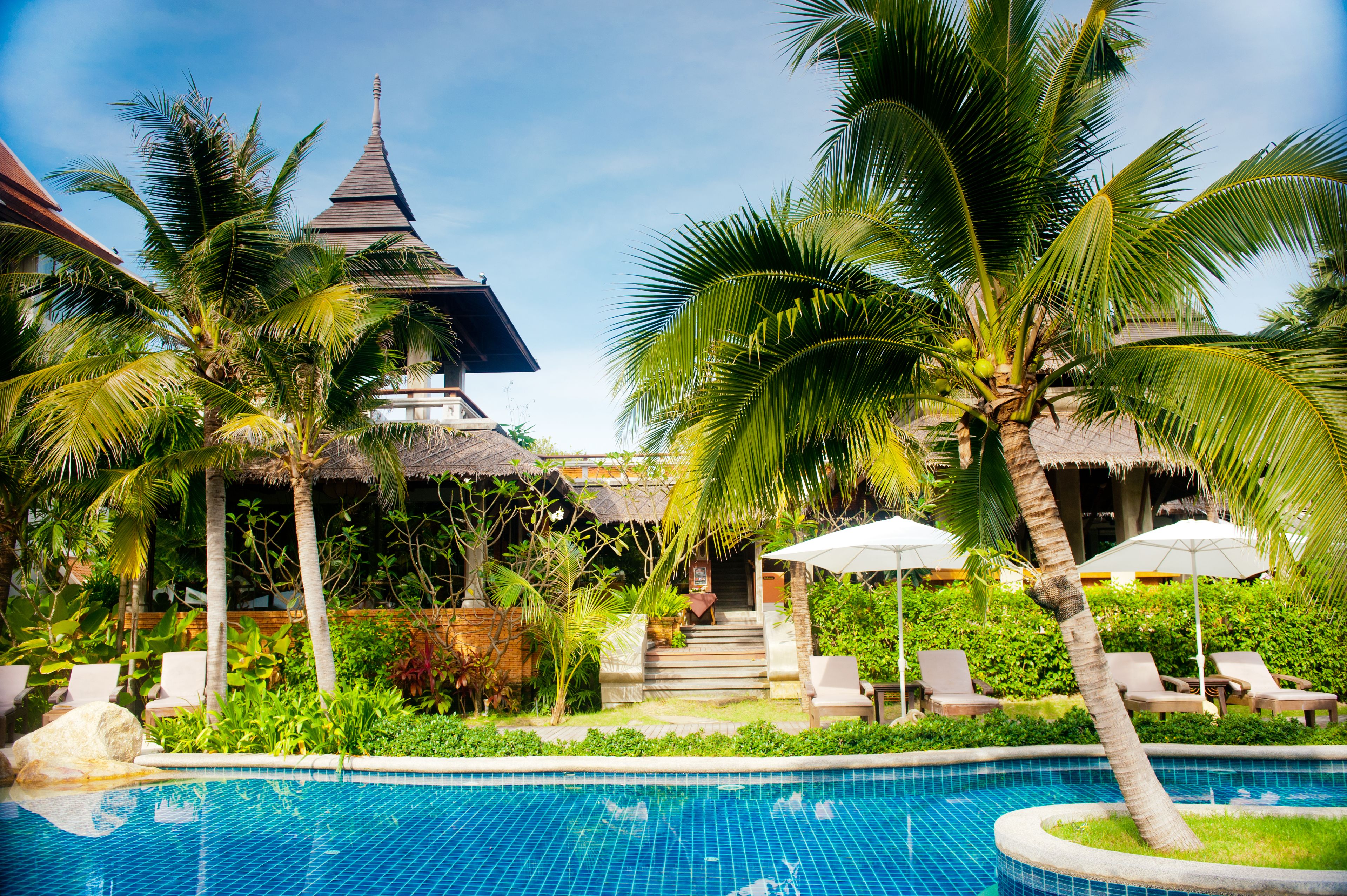 A swimming pool with lounge chairs and umbrellas, surrounded by palm trees and a traditional building with a pointed roof.