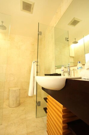 Separate bathtub and shower, free toiletries, hair dryer, slippers