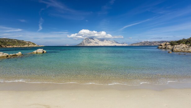 A beach with clear turquoise water, a sandy shore, and rocky outcrops. - Resort Grande Baia (San Teodoro)
