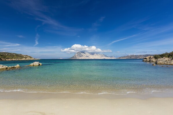 Una spiaggia nelle vicinanze, lettini da mare, ombrelloni