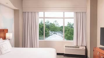 A hotel room with a large bed, a TV, a heater, and a window with curtains.