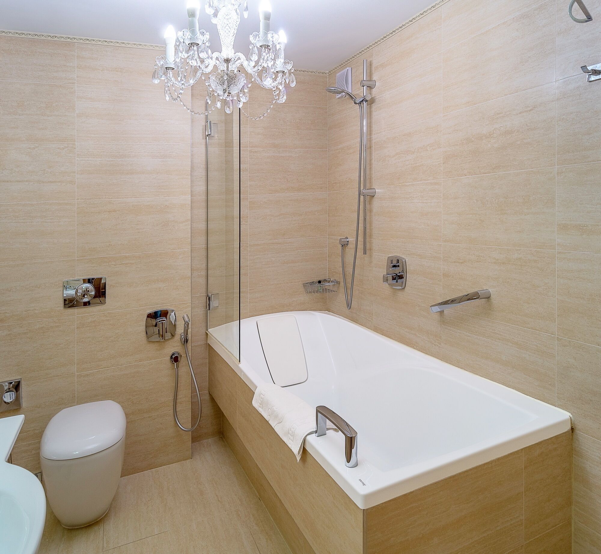 A modern bathroom with a freestanding bathtub, a shower, and a toilet.