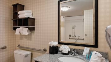 A hotel bathroom with a toilet, sink, towel rack, and a large mirror.