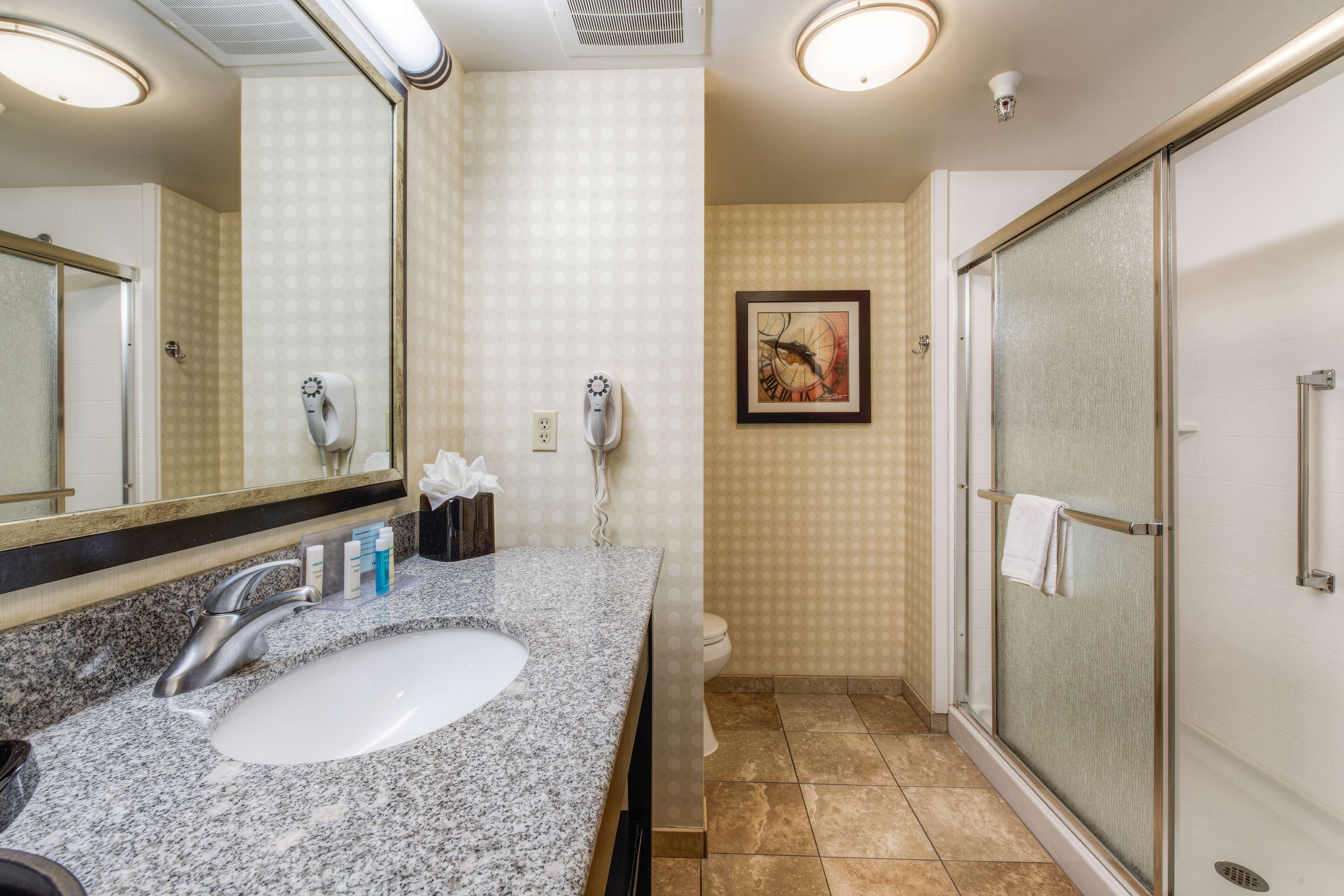 combined shower/bathtub, hair dryer, towels