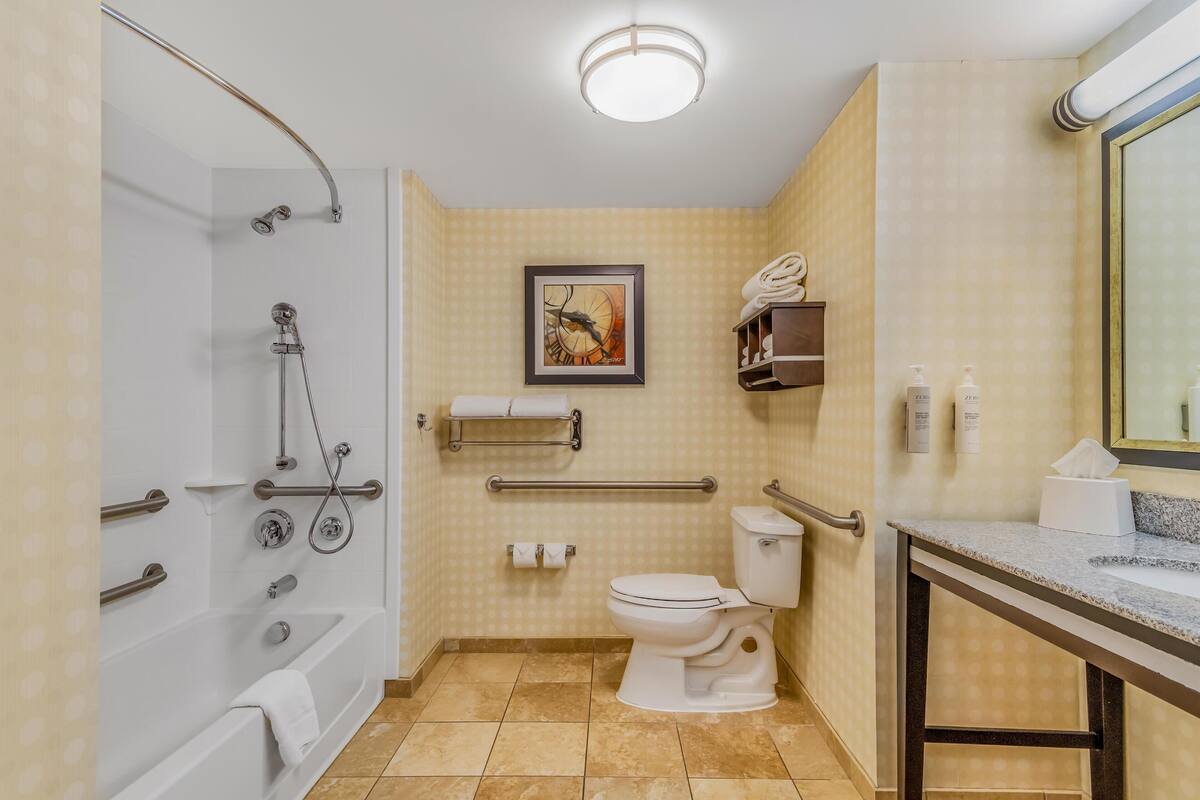A bathroom with a bathtub, toilet, and sink. There are handrails, a towel rack, and a framed picture on the wall.
