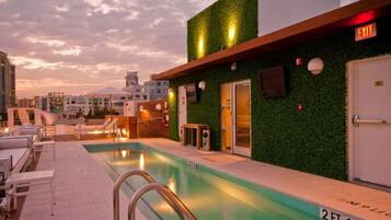 Outdoor pool, pool umbrellas, pool loungers