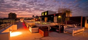 Outdoor pool, pool umbrellas, pool loungers