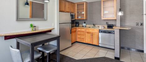Studio, 1 King Bed with Sofa bed | Private kitchen | Fridge, microwave, stovetop, dishwasher
