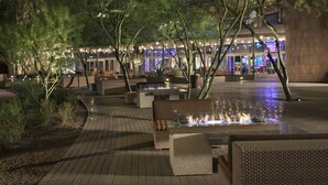 An outdoor seating area with fire pits and lounge chairs, surrounded by trees and a building with illuminated windows in the background.