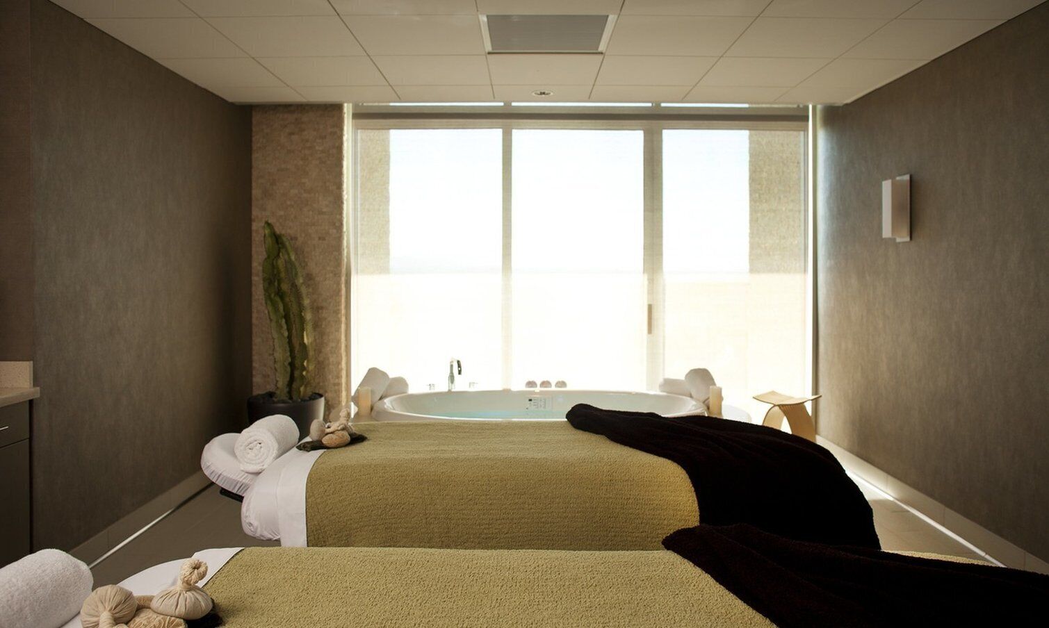 A spa room with two beds, a bathtub, and a large window.