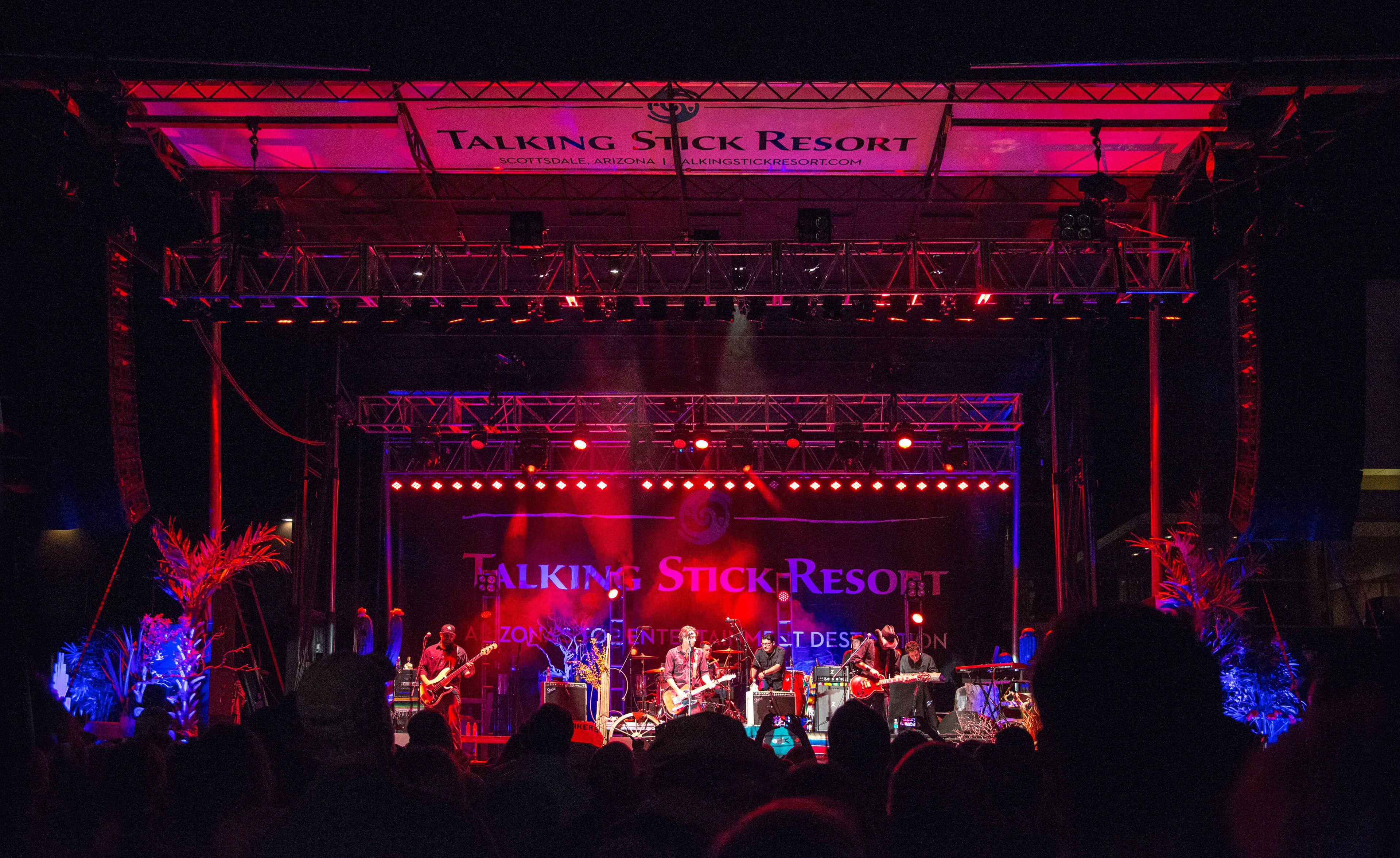 A stage with a band performing at Talking Stick Resort.