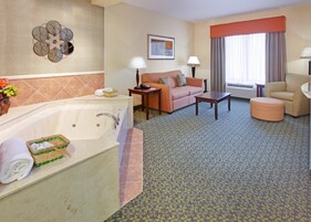 Habitación de hotel con bañera, sofá, mesa de centro y una silla.