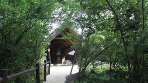 A rustic wooden structure with a sloped roof, surrounded by dense greenery and a concrete pathway leading to it.