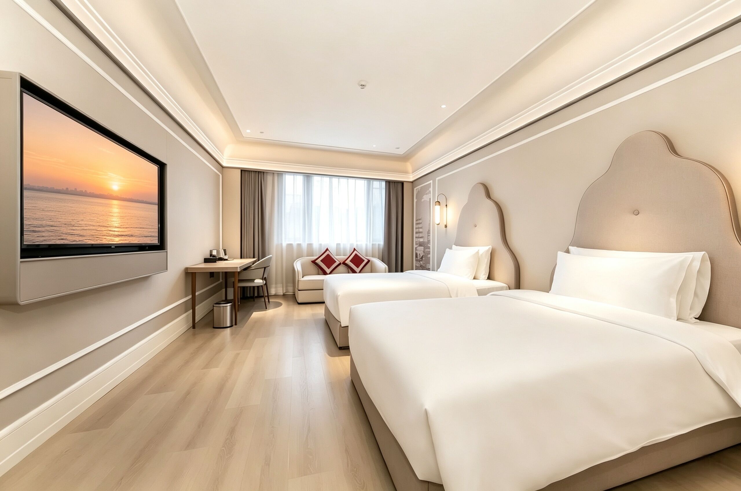 Habitación de hotel con una cama grande, una cama más pequeña, un escritorio, una silla y vistas al atardecer.