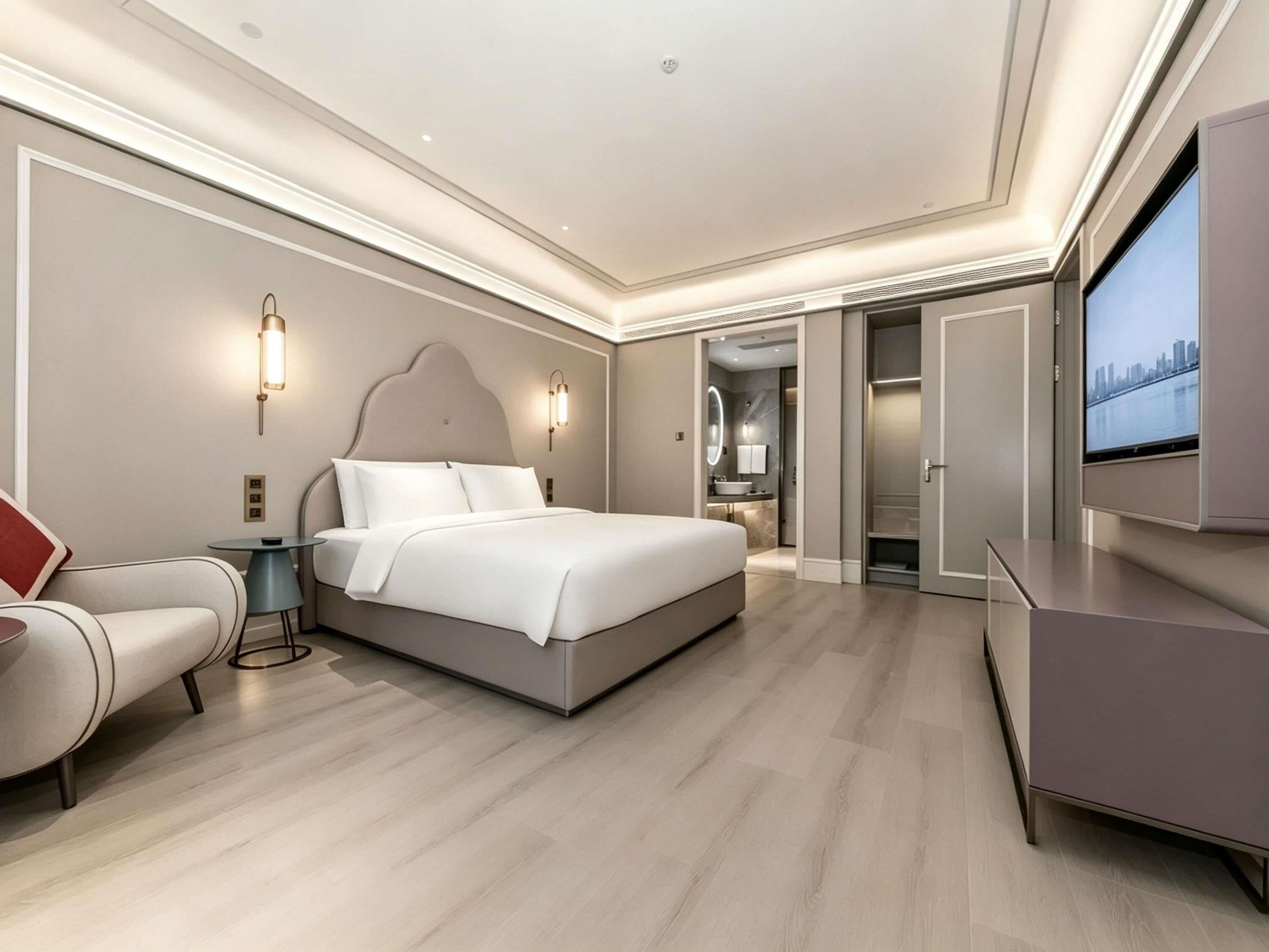 A modern hotel room with a large bed, a seating area with a chair and table, a TV, and a bathroom with a mirror and sink.