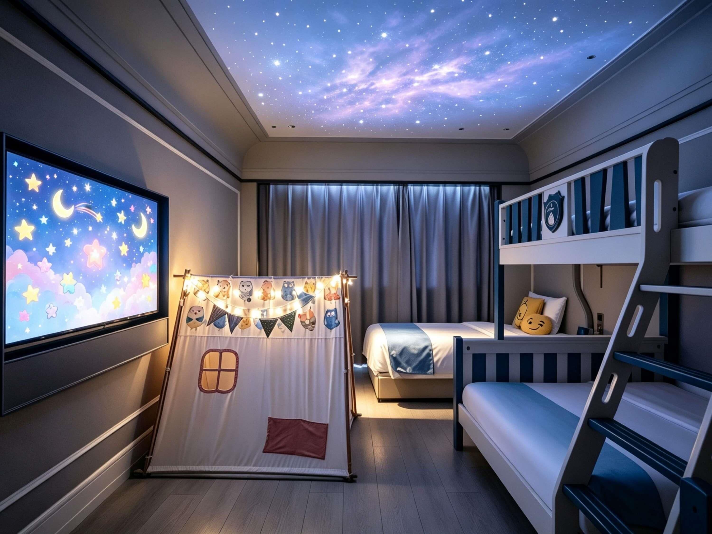 A room with a bed, bunk beds, a TV, and a starry ceiling.