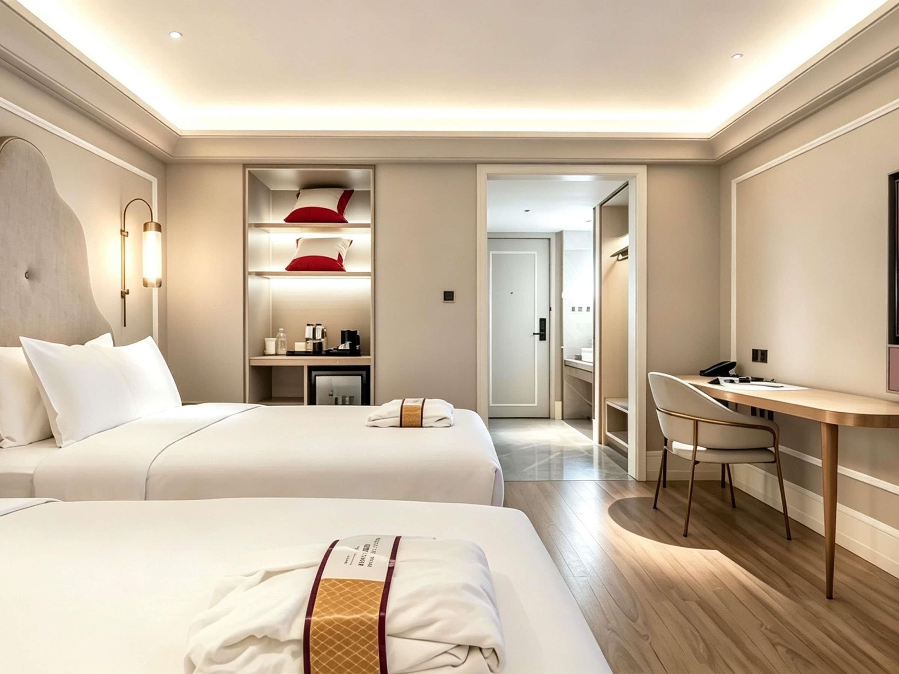 A hotel room with two beds, a desk, and a wardrobe.