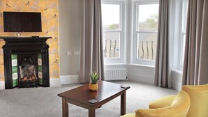 Une pièce avec une cheminée, une table ornée d’une plante et des chaises jaunes.