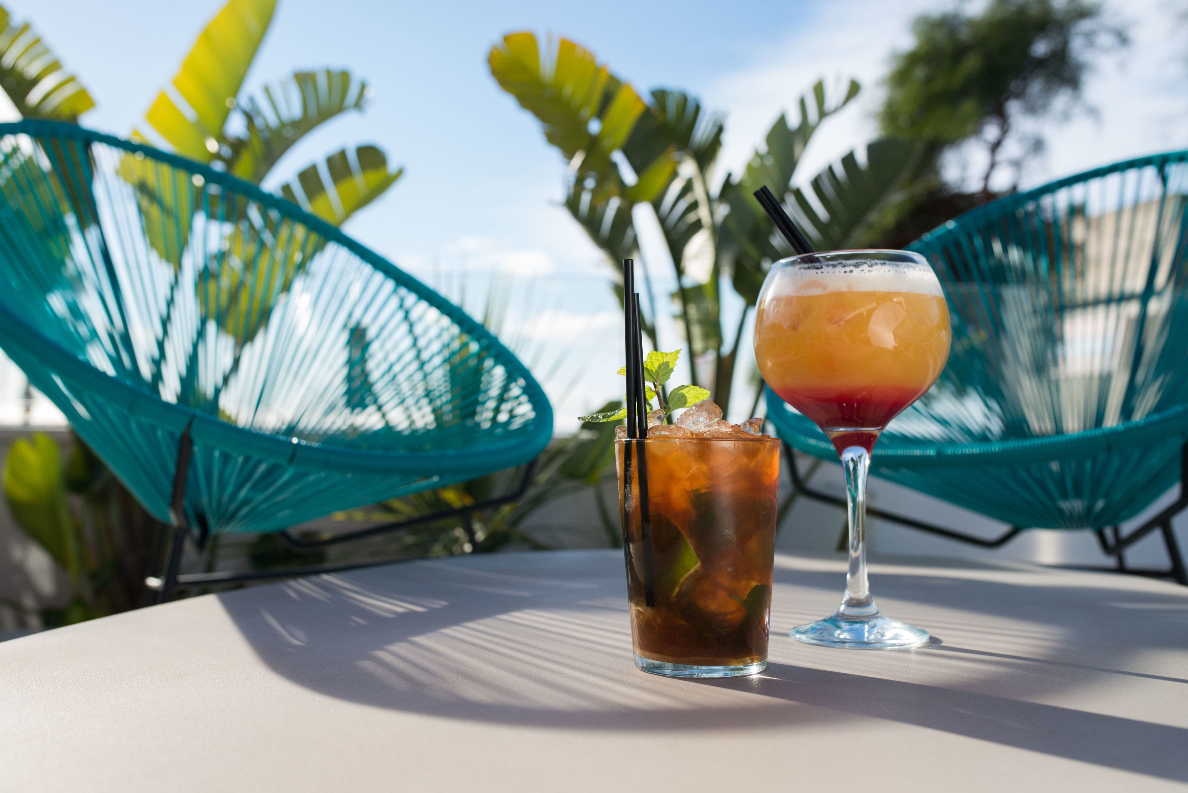 Two drinks on a table with a view of palm trees and a clear sky.