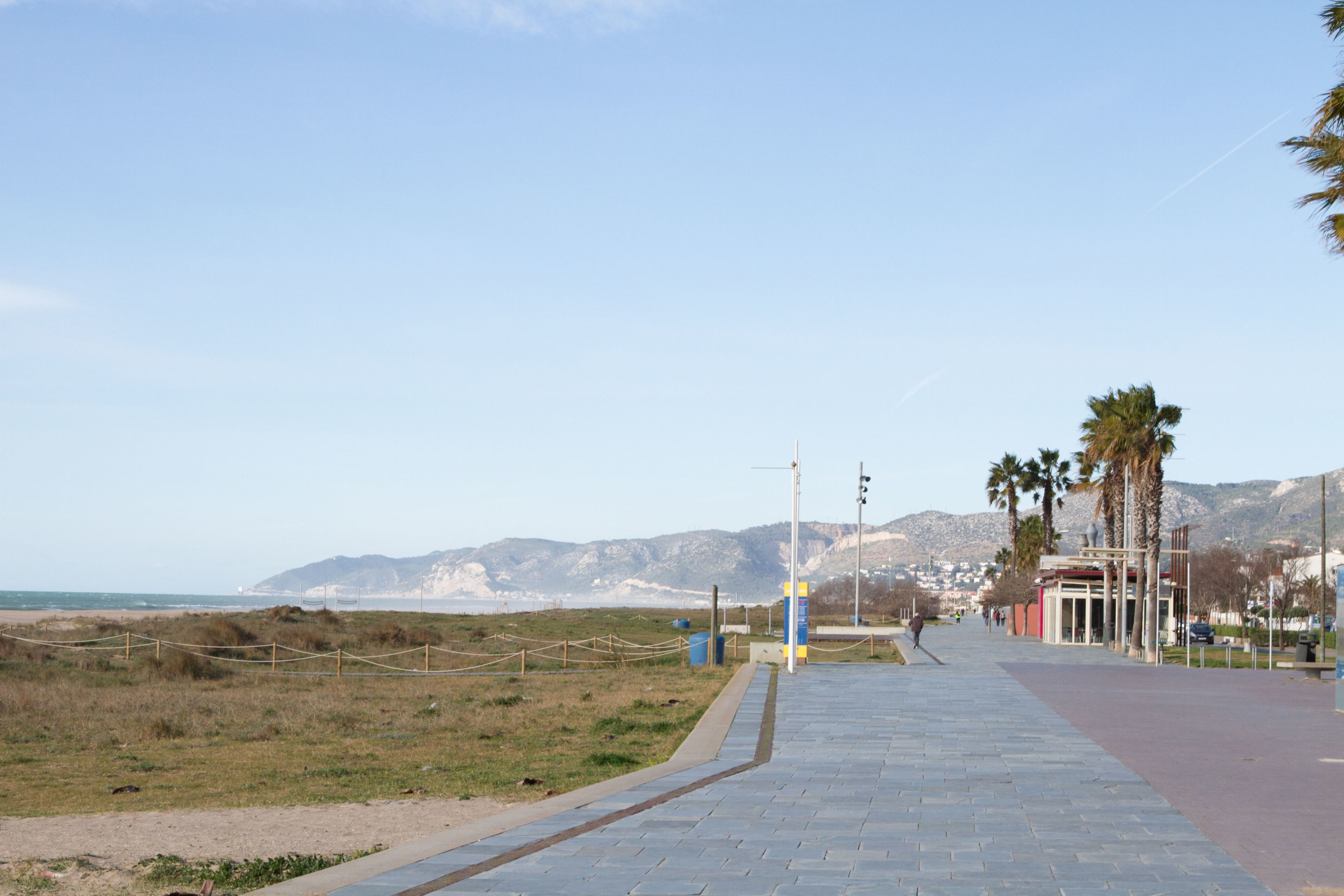 Un sendero pavimentado con una cerca, palmeras y vistas a la playa y las montañas.