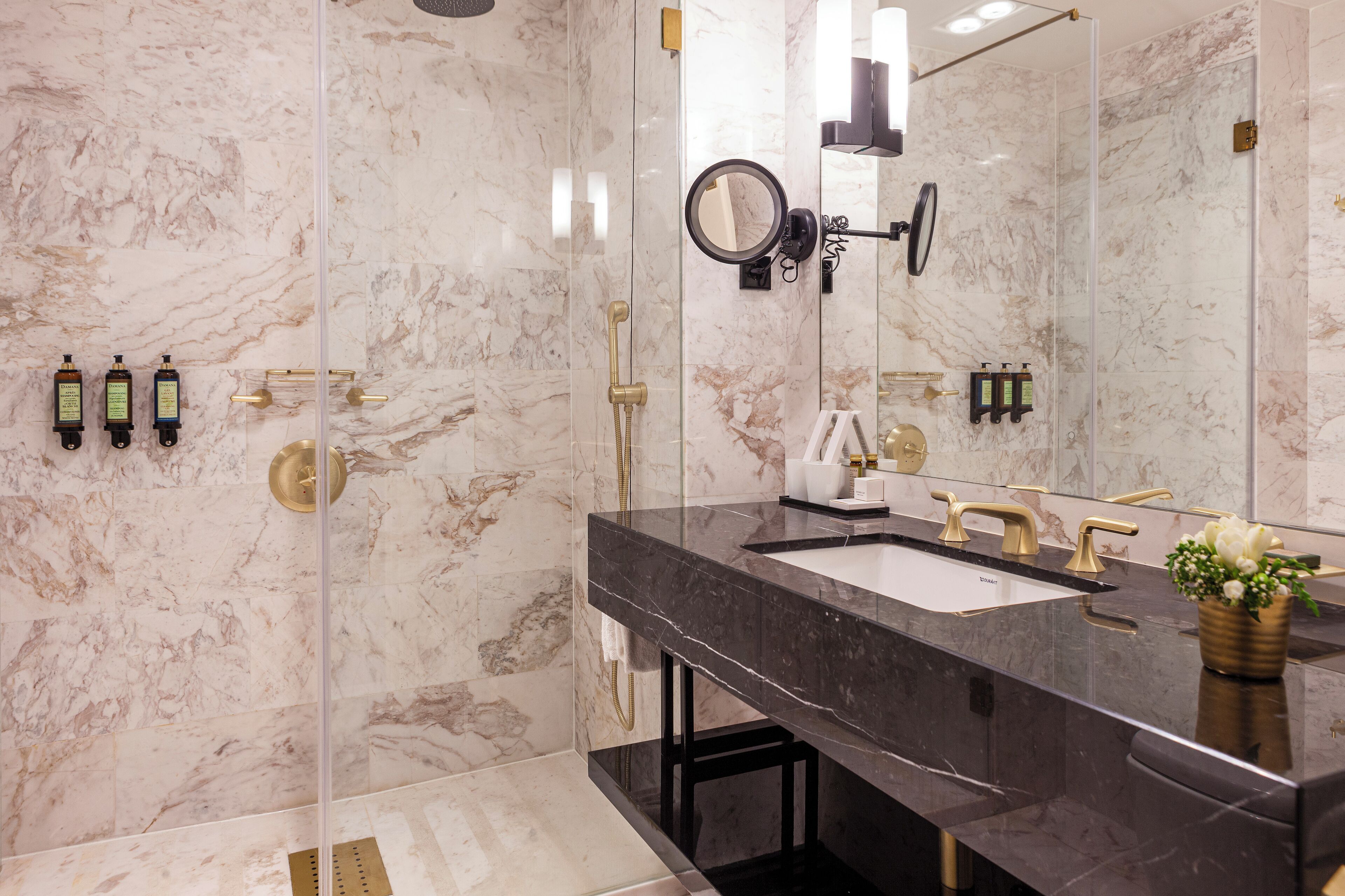 hair dryer, bathrobes, slippers, bidet