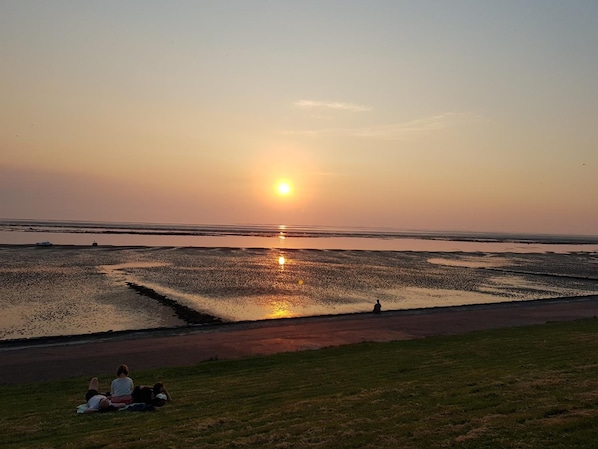 A sunset over a coastal area with a beach and a person sitting on the grass.