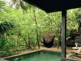 Una piscina rodeada de exuberante vegetación, una hamaca y una terraza de madera con una silla.