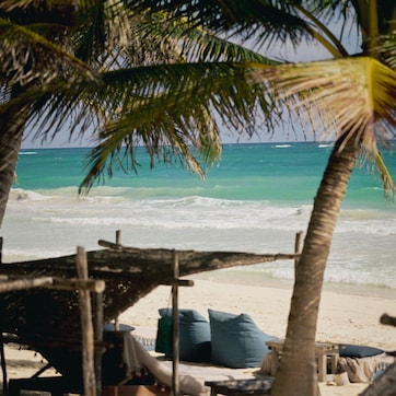 A beach scene with a palm tree, a thatched structure, and a sandy area with blue cushions.