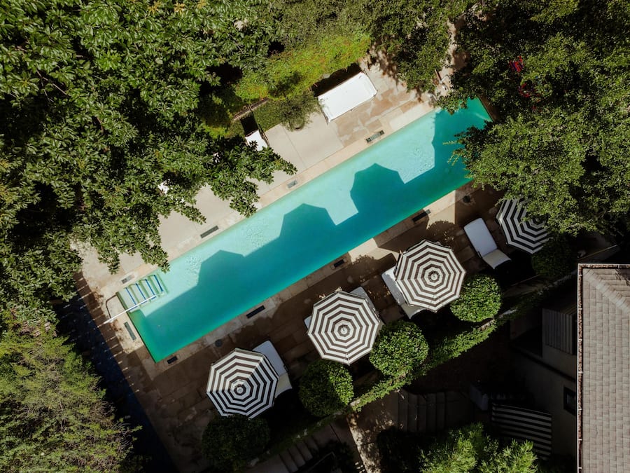 Outdoor pool, pool umbrellas, pool loungers