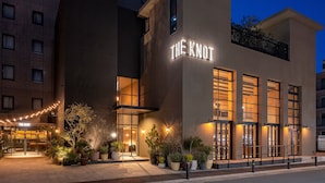 Un hôtel appelé « The Knot », doté d’une façade moderne, de grandes fenêtres et de plantes d’extérieur.
