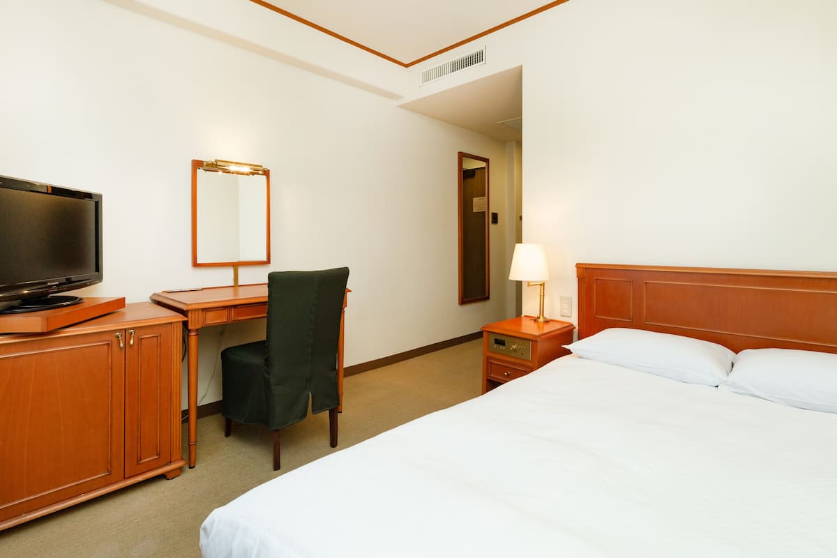 Une chambre d’hôtel comprenant un lit, un bureau avec une télévision, une chaise, une table de chevet avec une lampe et un miroir.