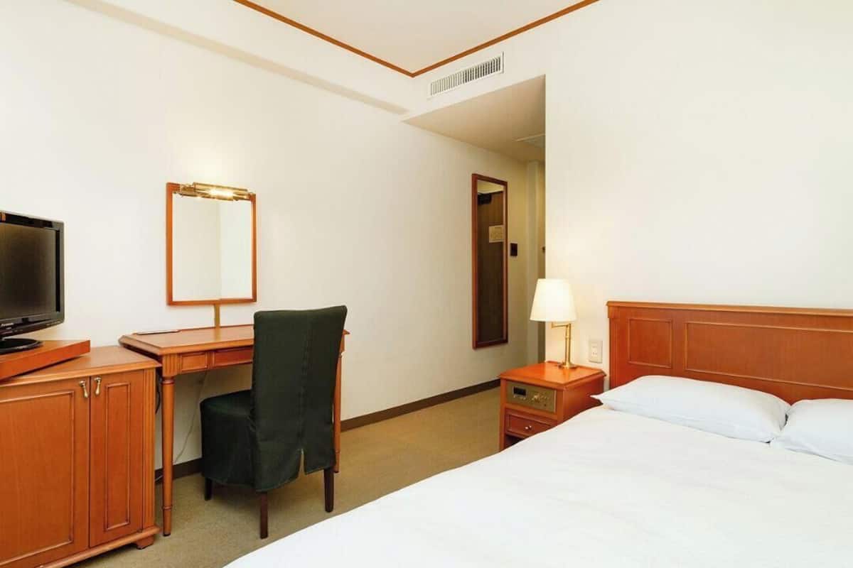 Une chambre d’hôtel comprenant un lit, un bureau avec une chaise, une télévision, un miroir et une lampe de chevet.