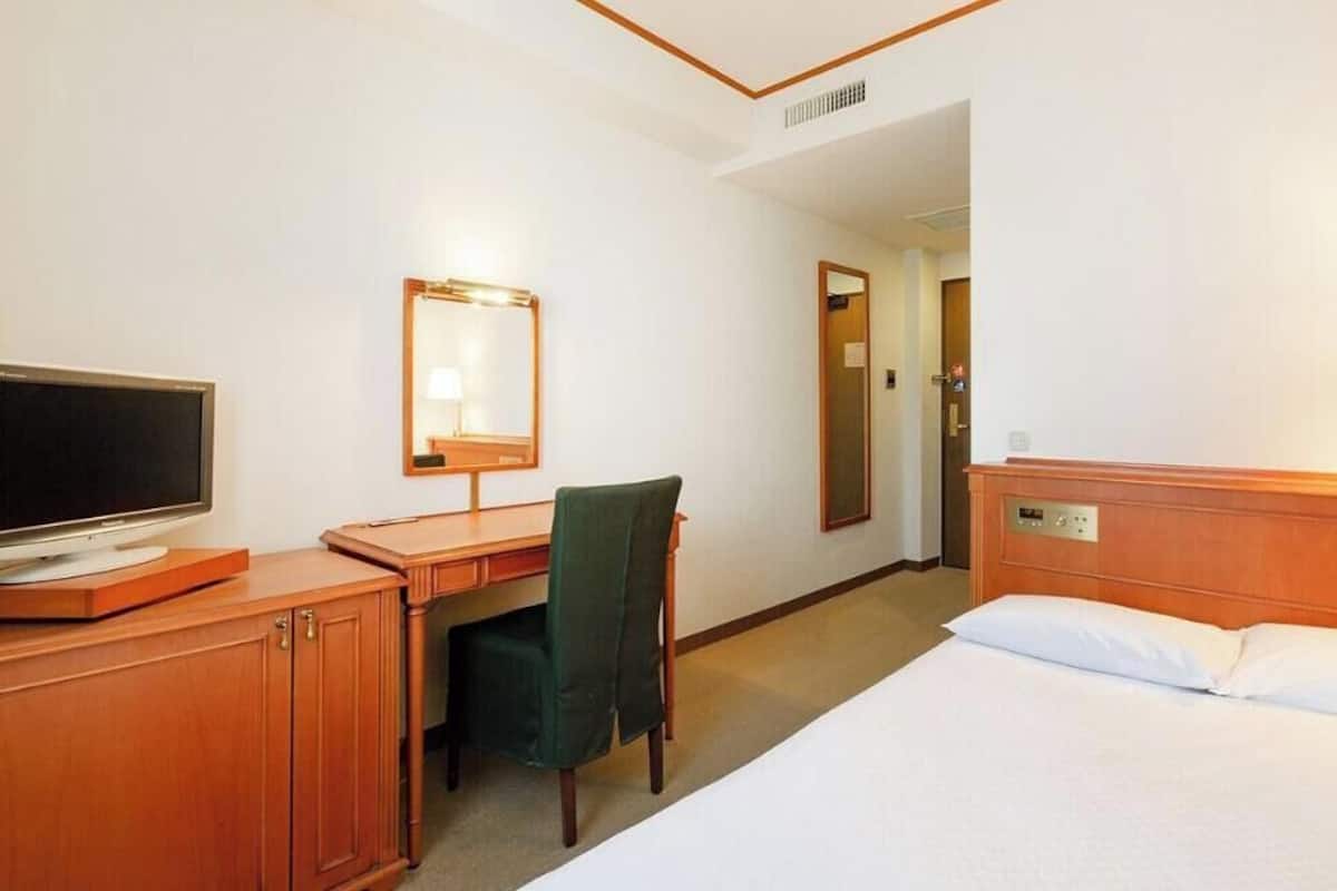 Une chambre d’hôtel comprenant un lit, un bureau avec une chaise, une télévision, un miroir et une lampe.
