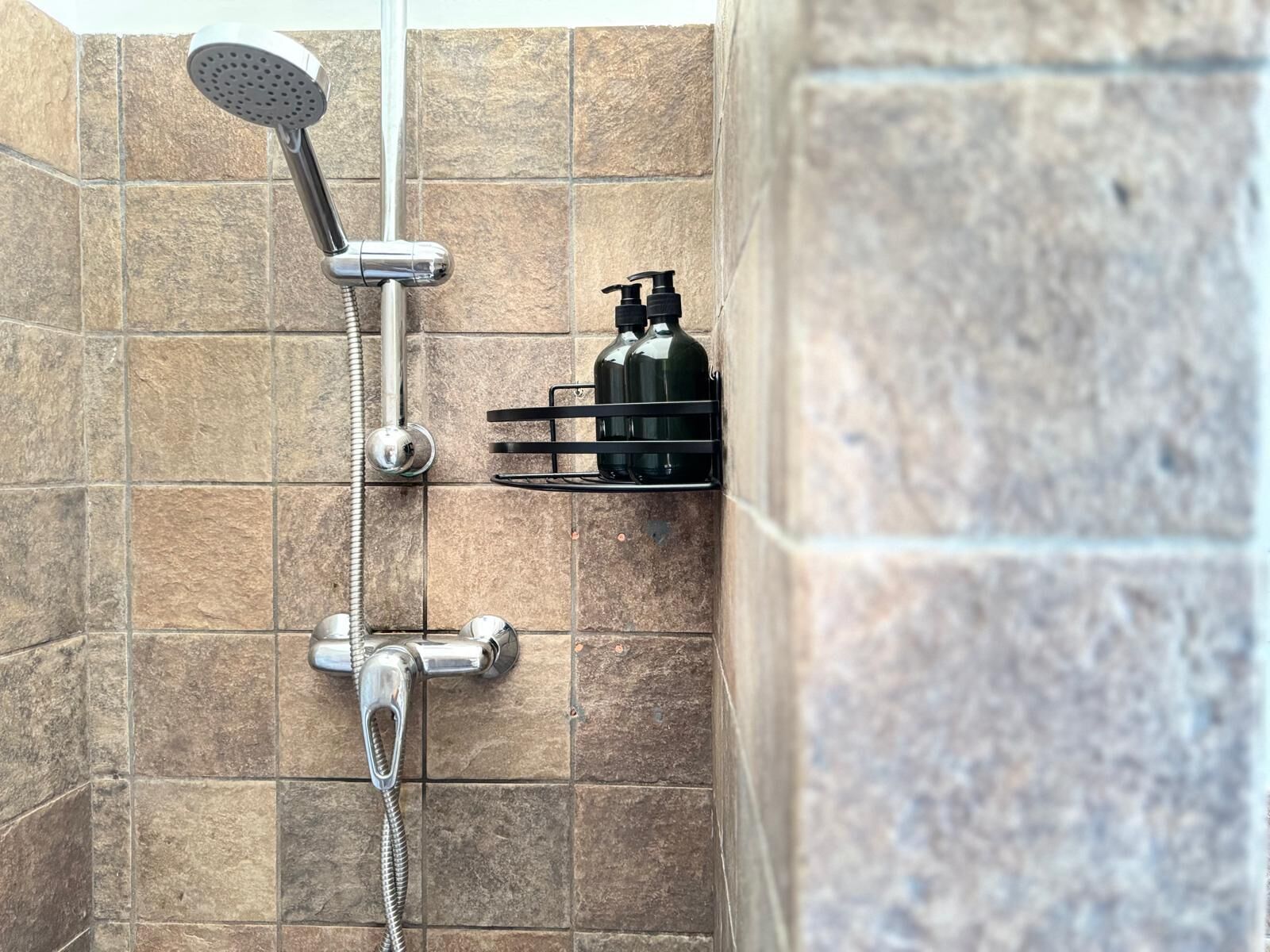A shower with a handheld showerhead and a wall-mounted faucet, a soap dispenser, and a small shelf with toiletries.