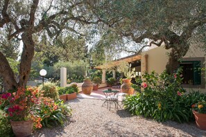 An outdoor patio area with a gravel path, potted plants, a table with chairs, and a building with a green door. - Don Gaspano  (Pace del Mela)