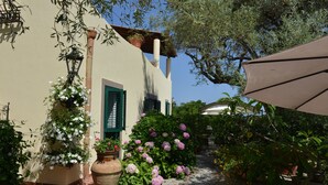 A courtyard with a building, potted plants, and a gravel path. - Don Gaspano  (Pace del Mela)