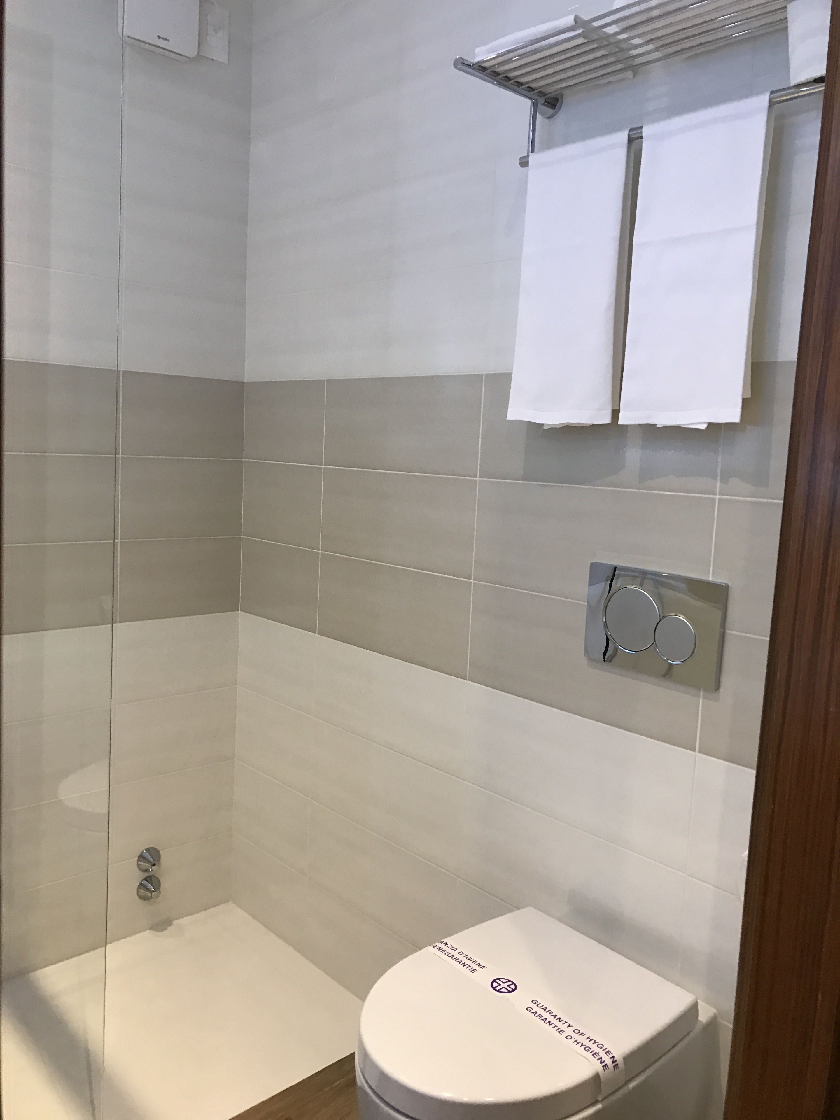 A bathroom with a toilet, a shower, and a towel rack.