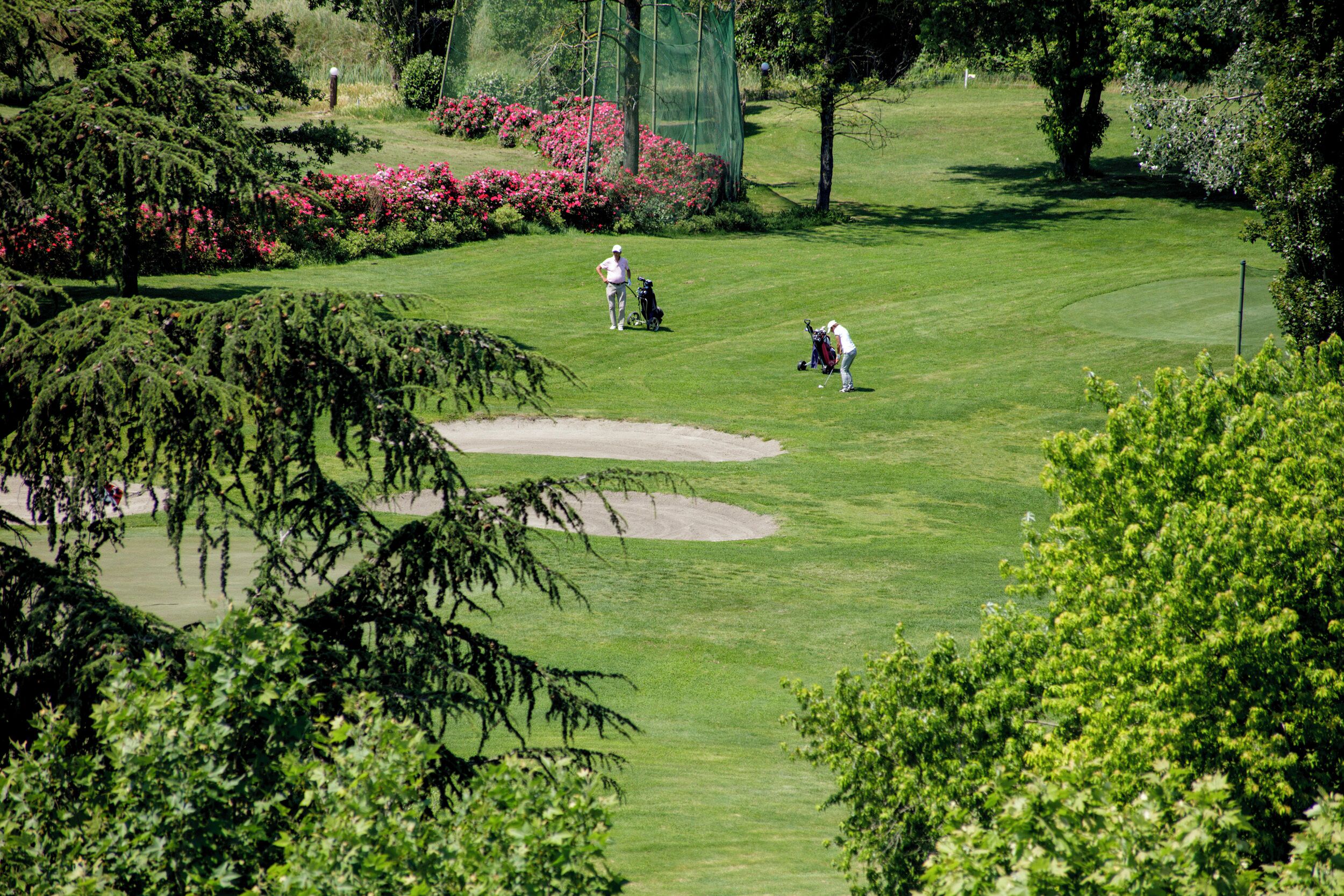 Un campo da golf con un verde curato, bunker sabbiosi e una vegetazione rigogliosa.