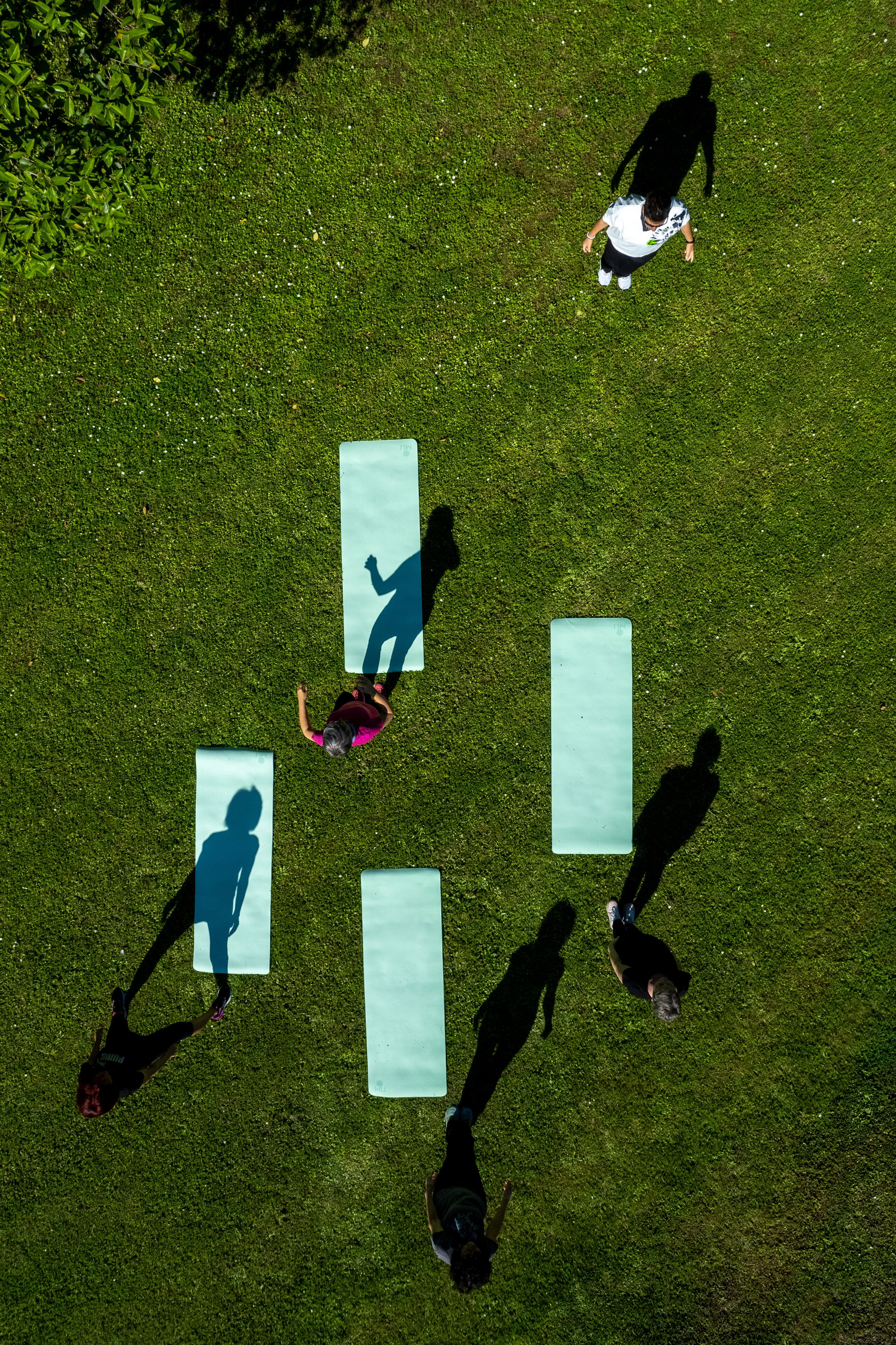 An aerial view of a grassy area with several rectangular objects, possibly mats or boards, arranged in a pattern.