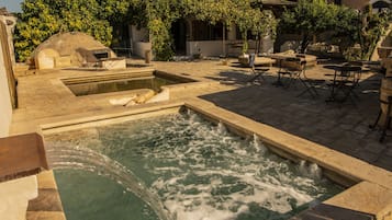 A pool area with a water feature, outdoor seating, and a garden.