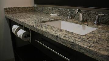 A bathroom with a granite countertop, a white sink, and a toilet paper holder.