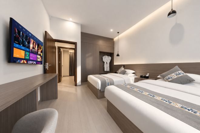 A modern hotel room with two beds, a TV, a desk, and a walk-in closet.