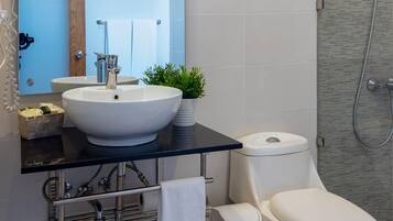 Une salle de bain moderne avec un grand lavabo, des toilettes et une douche.