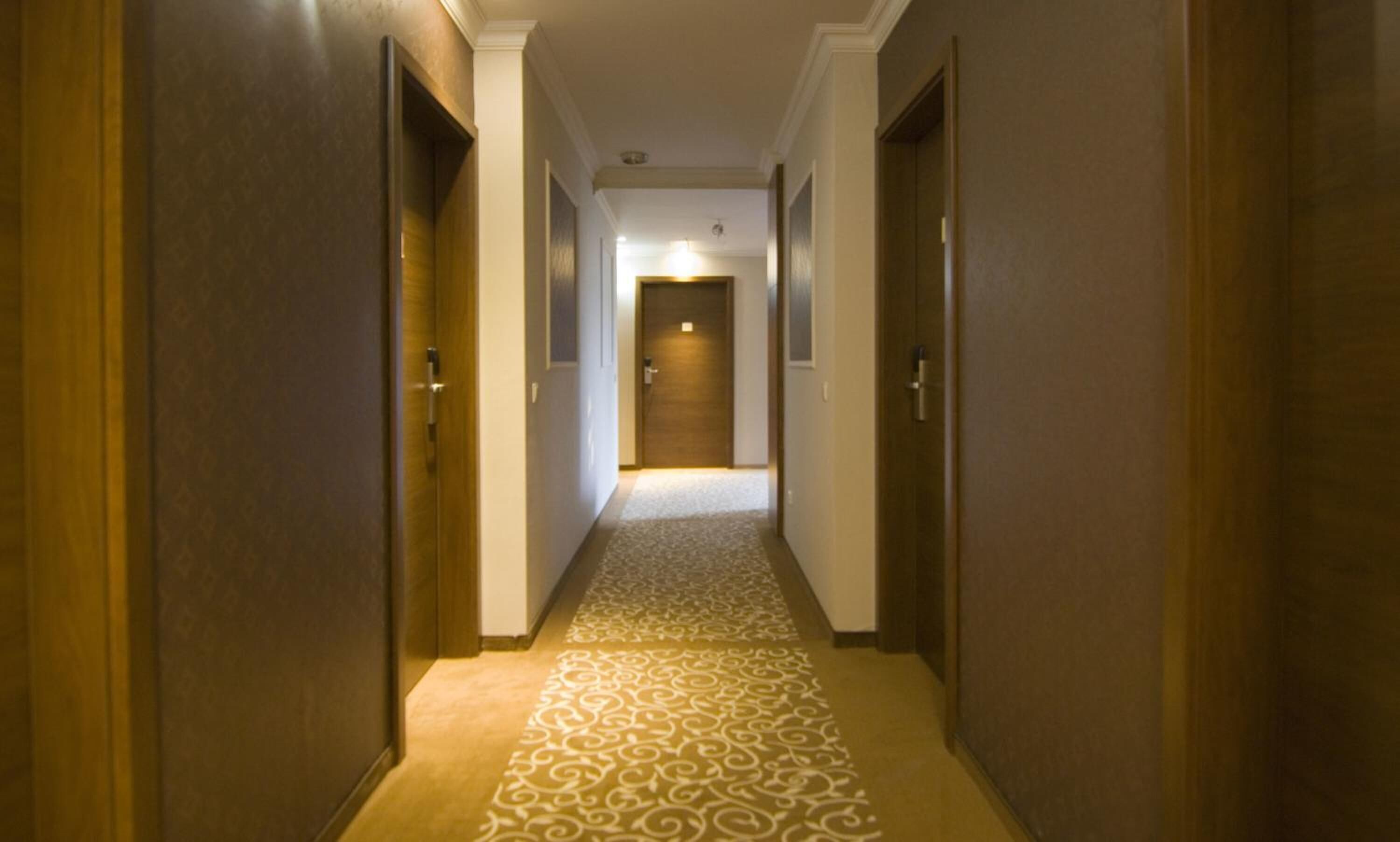 A hotel hallway with patterned carpet, wooden doors, and a light at the end.