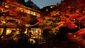 A traditional Japanese house with a wooden staircase leading to the entrance, surrounded by autumn foliage. - Negiya Ryofukaku (Kobe)